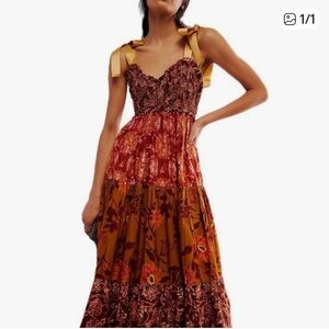 NWOT unbranded maxi dress size small, floral with brown, orange,red, and yellow